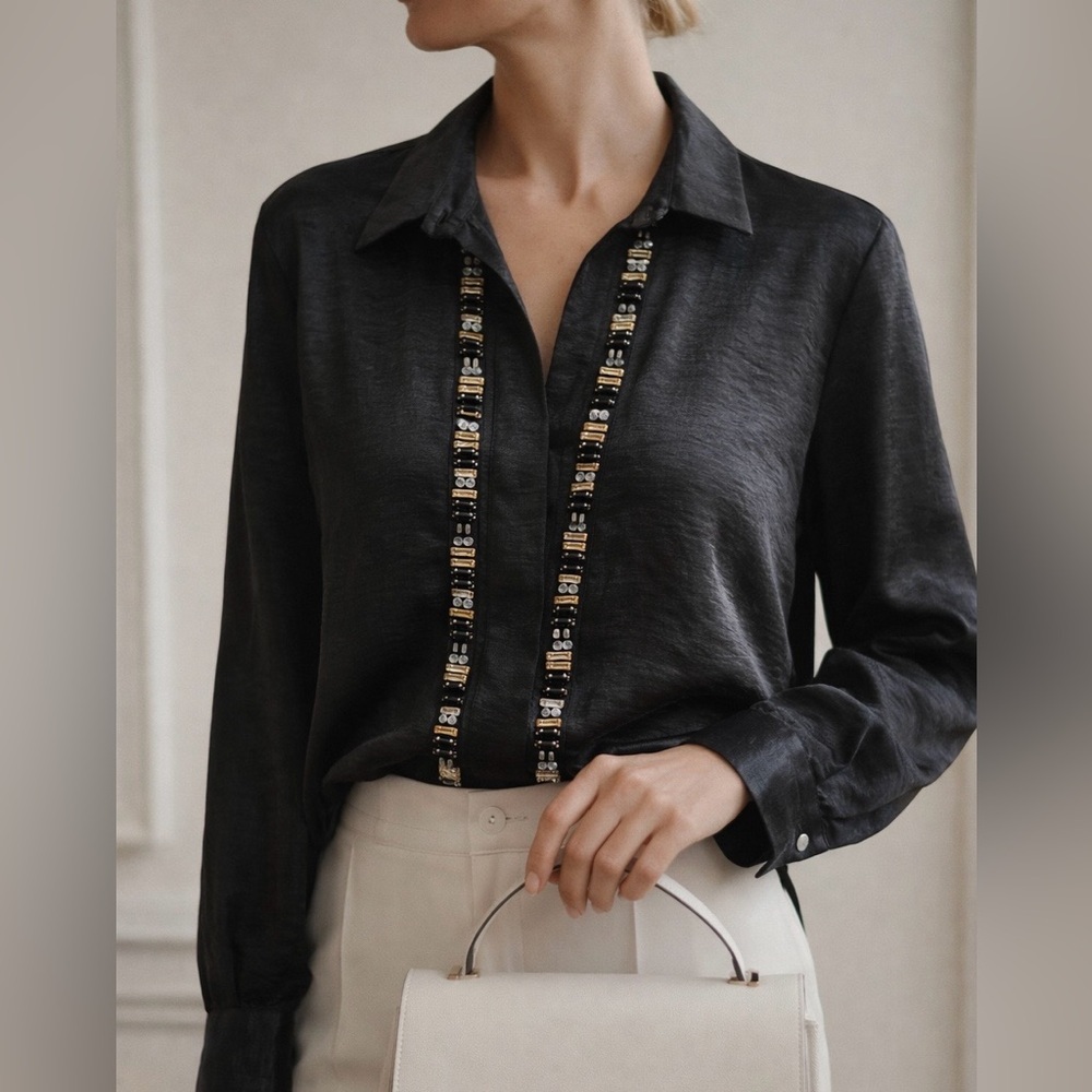 Eureka by Christos Garkinos Black Rhinestone Embellished Blouse L